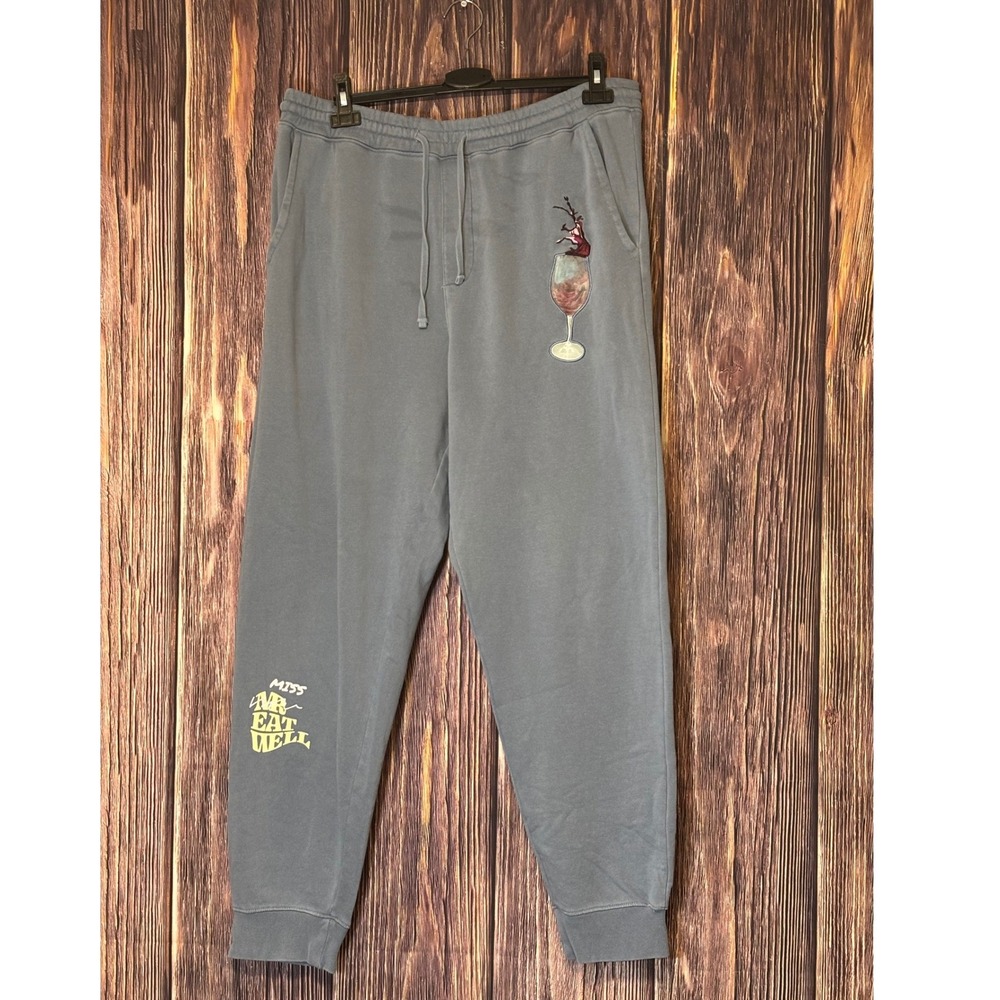 MR EAT WELL Sweatpants Joggers Womens XL Grey Wine Glass Drawstring Pants